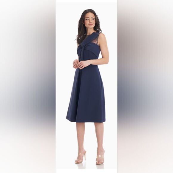 JS COLLECTIONS REILLE KNEE LENGTH BOW DRESS NWT size 6 Navy Blue - Picture 1 of 7